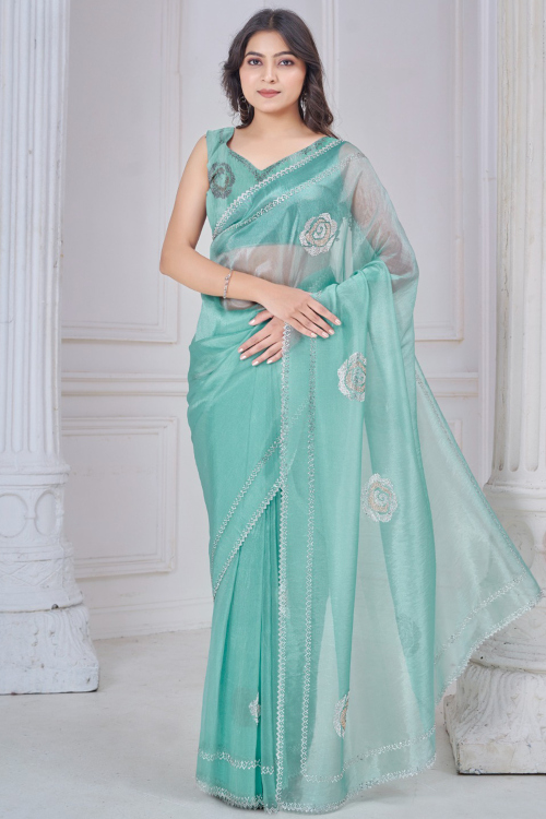 Seafoam Green Organza Saree With Stone Work For Diwali Wear
