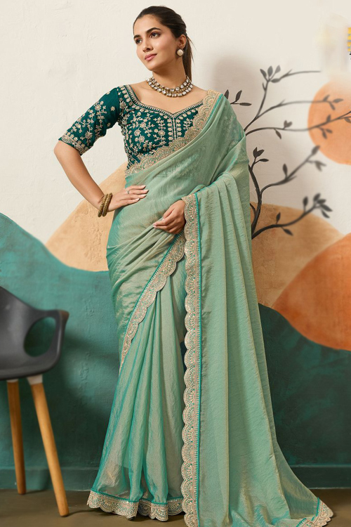 Seafoam Green Shimmer Tissue Silk Saree With Dori Work