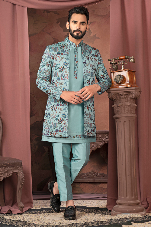Seafoam Green Silk Ready to Wear Men’s Kurta Pajama With Embroidered Jacket