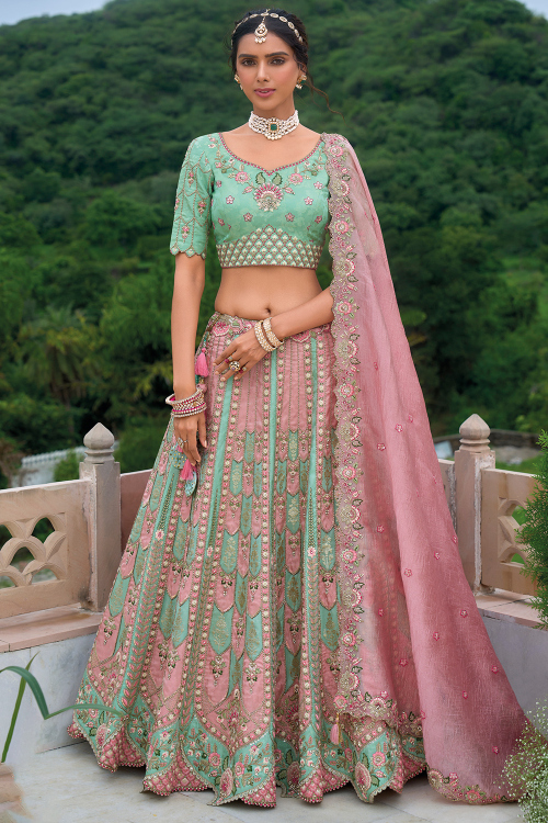 Seafoam Green Silk Resham Embroidered Panelled Style Lehenga