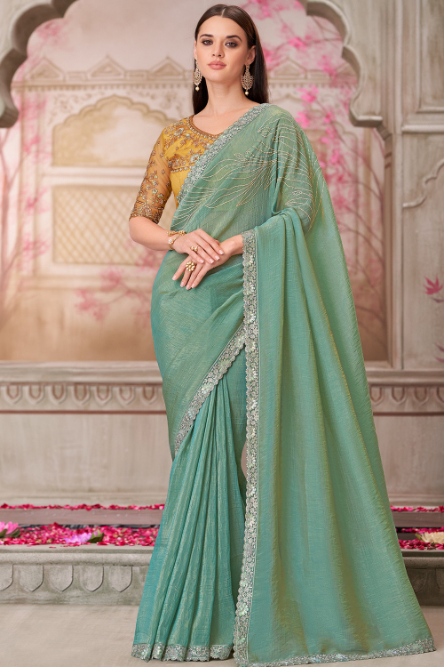 Seafoam Green Soft Silk Embroidered Shimmer Saree