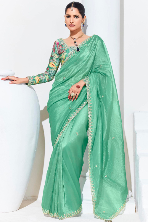 Seafoam Green Tissue Embroidered Saree For Mehndi 