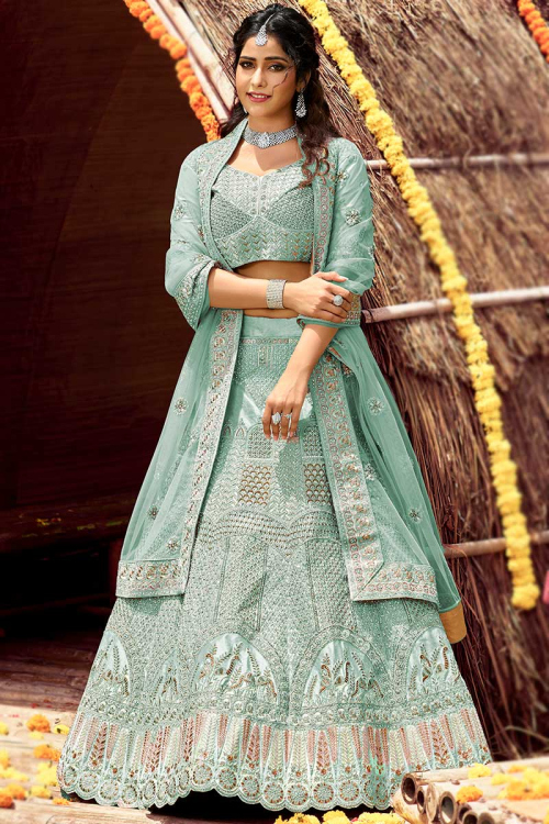 Seafoam Green Velvet A-Line Embroidered Lehenga