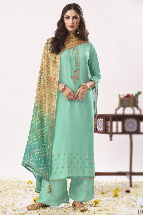 Seafoam Green Viscose Embroidered Straight Cut Suit
