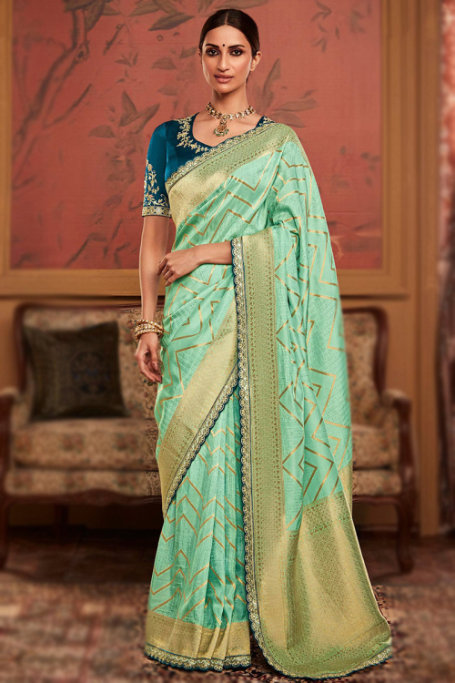 Seafoam Green Weaved Thread Art Silk Broad Border Saree