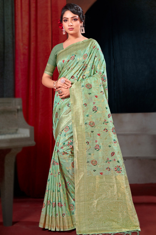 Seafoam Green Woven Zari Broad Border Soft Silk Saree