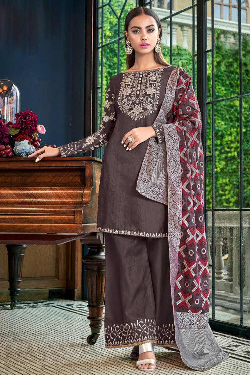 Buy Seal Brown Dupion Silk Palazzo Pant Suit With Dori Work Online ...