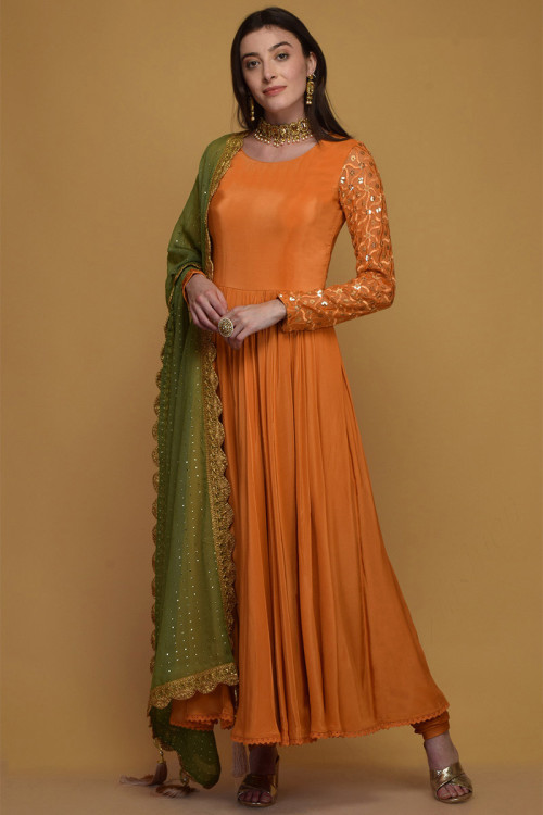 Sequins And Thread Embroidered Silk Carrot Orange Anarkali Suit for Eid