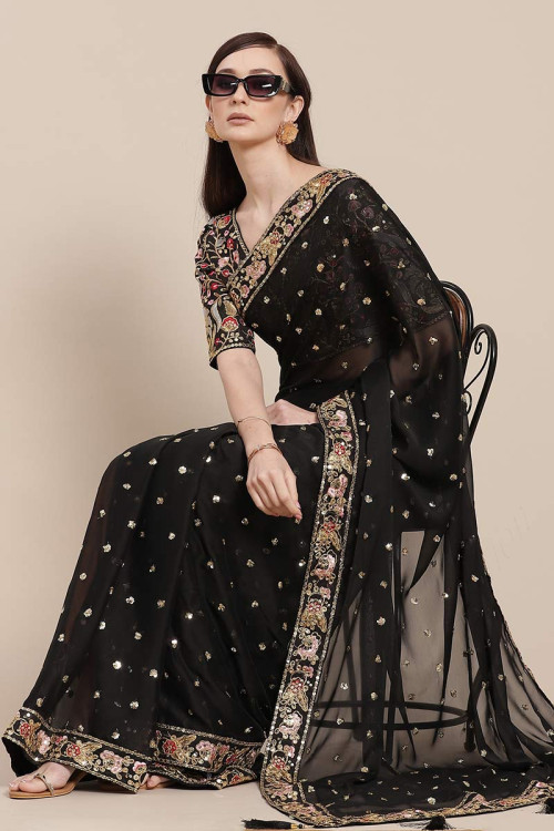 Sequins Embroidered Art Silk Black Saree
