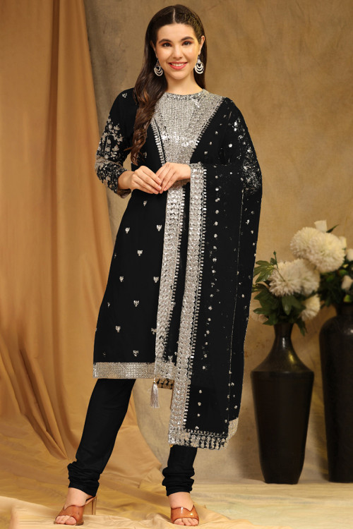Sequins Embroidered Black Georgette Straight Cut Suit