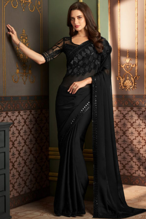 Sequins Embroidered Black Party Wear Silk Saree 