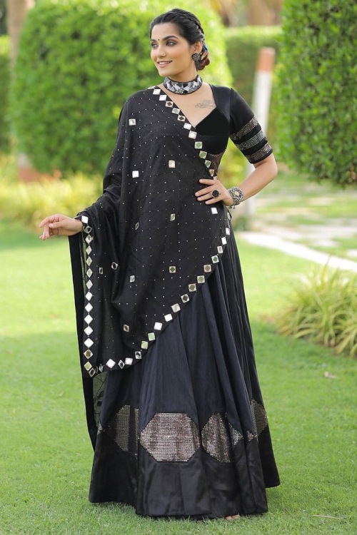 Sequins Embroidered Black Silk Flared Style Chaniya Choli