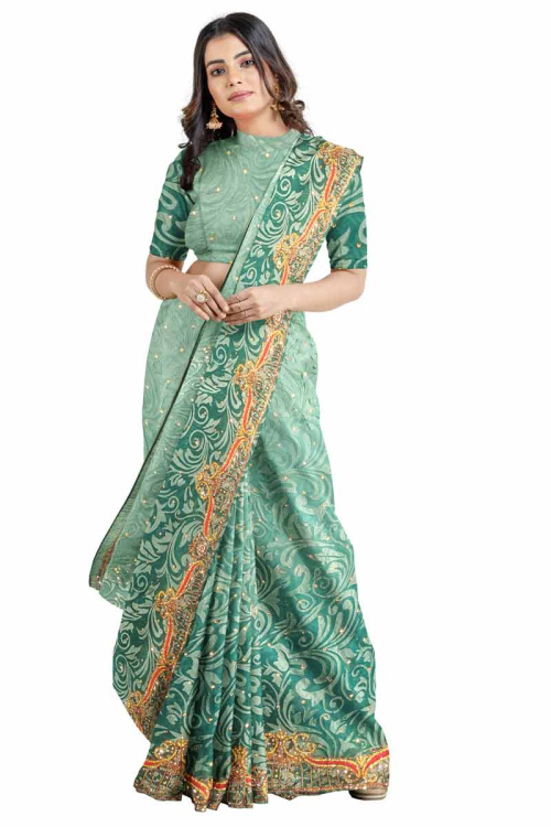 Sequins Embroidered Brasso Seafoam Green Saree