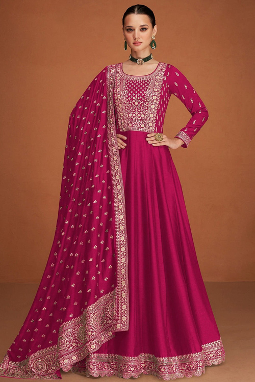 Sequins Embroidered Cerise Pink Silk A Line Wedding Anarkali Suit