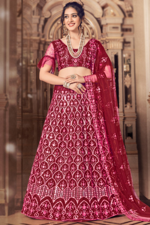 Sequins Embroidered Cherry Red Net Panelled Style Lehenga