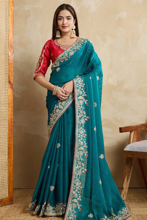 Sequins Embroidered Chiffon Teal Green Saree For Festival