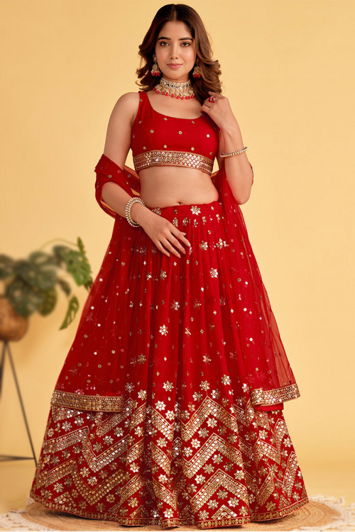 Sequins Embroidered Chilly Red Flared Style Georgette Lehenga