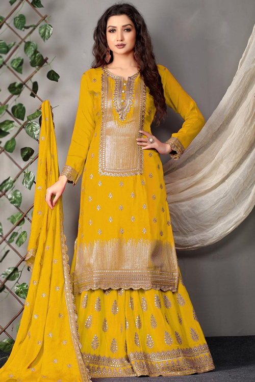 Sequins Embroidered Chinnon Mustard Yellow Wedding Sharara Salwar Kameez