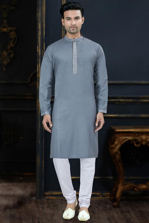 Sequins Embroidered Cotton Bluish Grey Men Kurta With Churidar