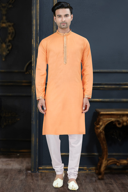 Sequins Embroidered Cotton Coral Peach Men Kurta With Churidar