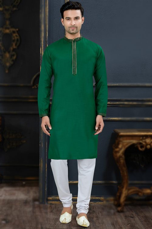 Sequins Embroidered Cotton Dark Green Men Kurta With Churidar