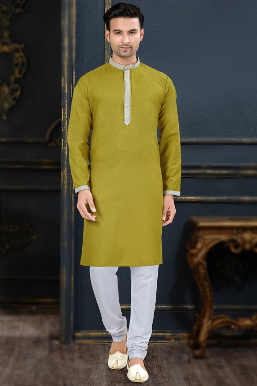 Sequins Embroidered Cotton Mustard Green Men Kurta With Churidar