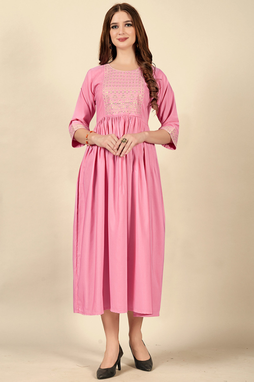 Sequins Embroidered Cotton Rayon Pink Kurti
