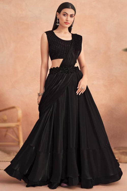 Sequins Embroidered Fancy Black Satin Saree