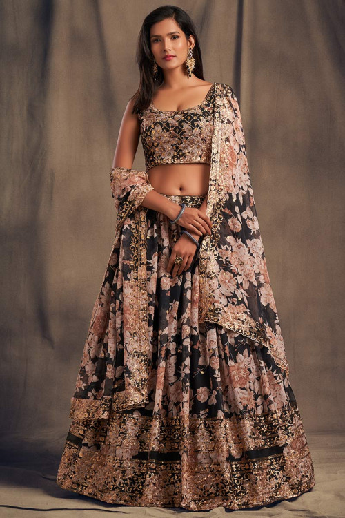 Sequins Embroidered Organza Black Party Wear Lehenga for Eid