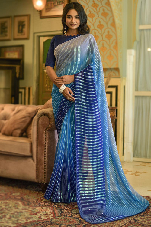 Sequins Embroidered Georgette Blue Ombre Saree