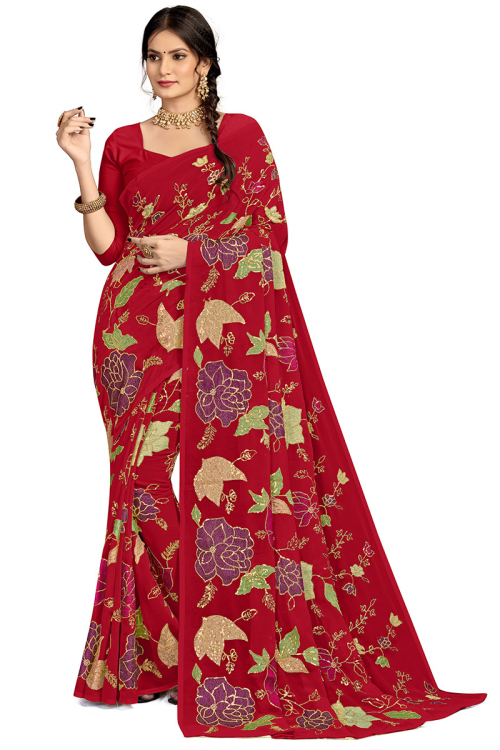 Sequins Embroidered Georgette Brick Red Saree
