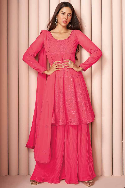 Sequins Embroidered Georgette Cerise Pink Wedding Sharara Salwar Suit