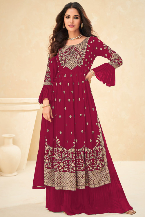 Georgette Sharara Suit in Dark Pink colour for Party 