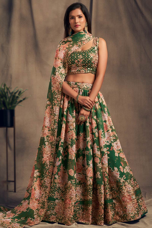 Sequins Embroidered Georgette Green Lehenga for Eid