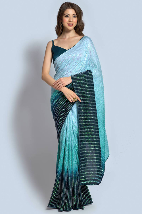 Shop Party Wear Georgette Royal Blue Sequins Saree Online India USA – Sunasa