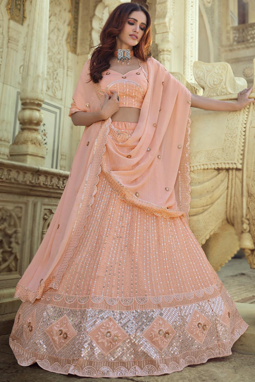 Sequins Embroidered Georgette Light Orange Party Wear Lehenga