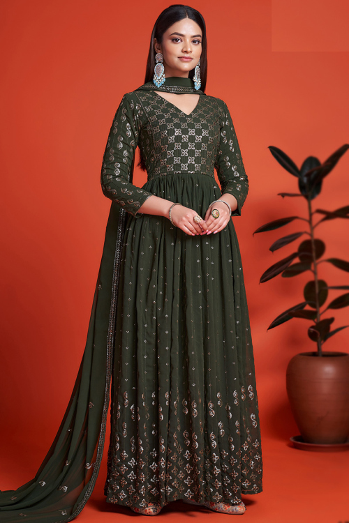 Sequins Embroidered Georgette Moss Green Anarkali Suit