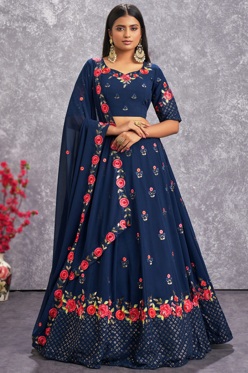Georgette Lehenga in Navy Blue colour for Wedding 
