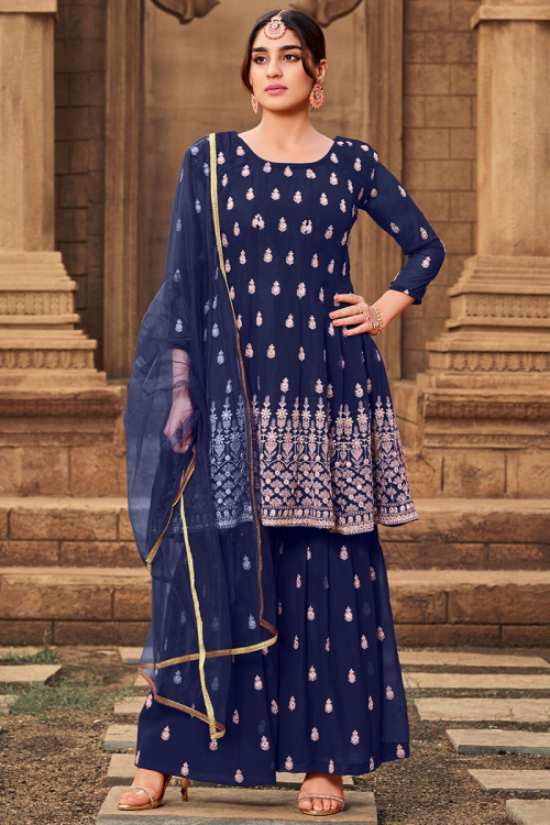 Resham Work Wedding Sharara Salwar Kameez in Navy Blue Georgette