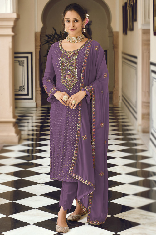 Straight Pant Trouser Suit in Georgette Plum Purple for Party 