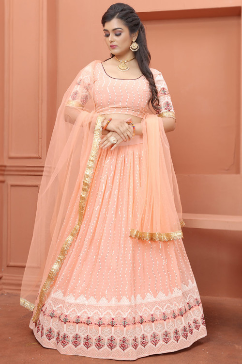 Lehenga in Salmon Peach Georgette for Party Wear