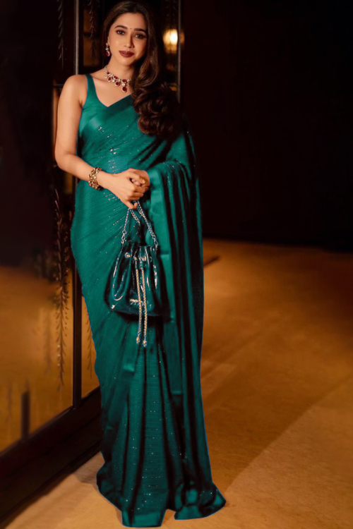 Sequins Embroidered Georgette Teal Green Saree
