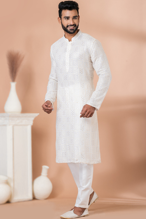 Sequins Embroidered Georgette White Men's Kurta Pajama 