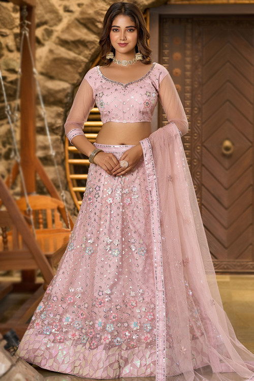 Sequins Embroidered Light Pink Panelled style Net Lehenga 