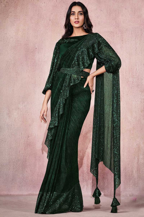Party Wear Sequins Embroidered Saree in Lycra Dark Green