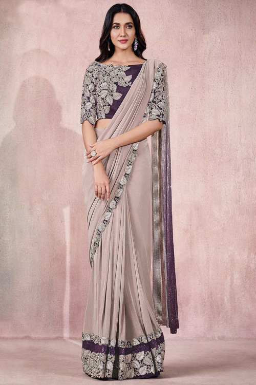 Buy Rose Gold Sequins Embroidered Lycra Saree Online