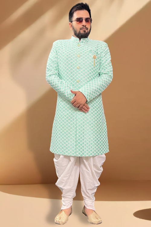 Sequins Embroidered Mint Green Silk Side Slit Men's Sherwani