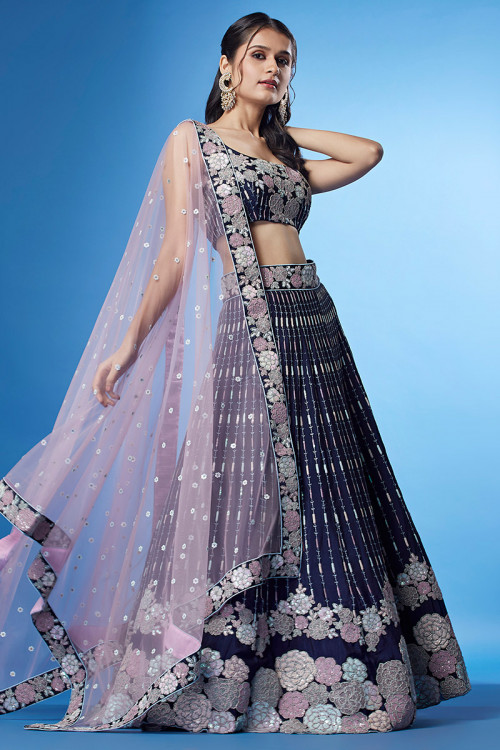 Sequins Embroidered Navy Silk Panelled Style Lehenga