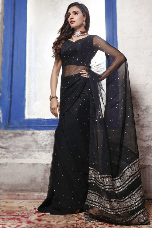 Sequins Embroidered Net Black Party Wear Saree