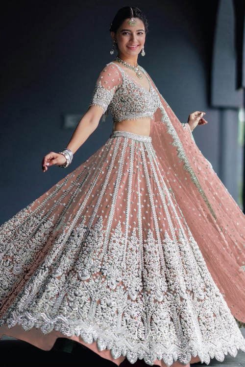 Sequins Embroidered Net Coral Peach A Line Lehenga 